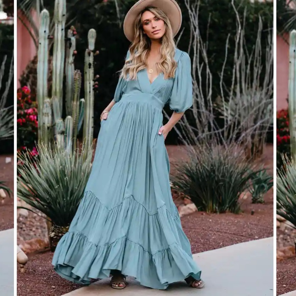 Vici dusty blue pocket tiered maxi